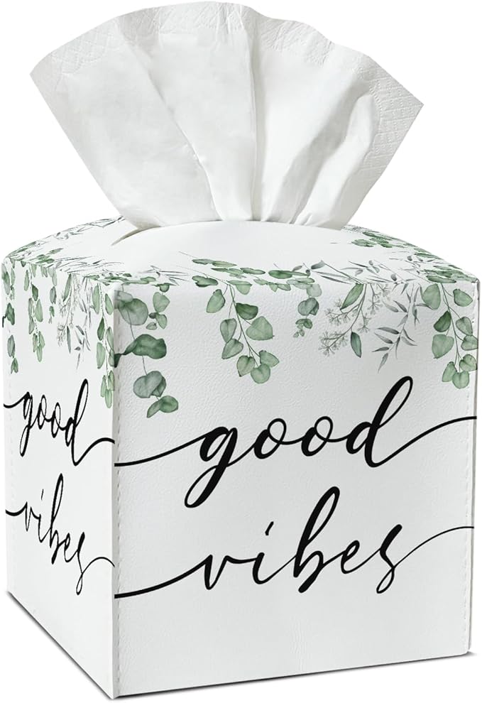 Greenery Tissue Box Covers Square, Green Leaves Leather Tissue Box Holders Decorative for Car Nightstand Home Office Bathroom Organizer, Square Facial Paper Organizer Home Decor -022