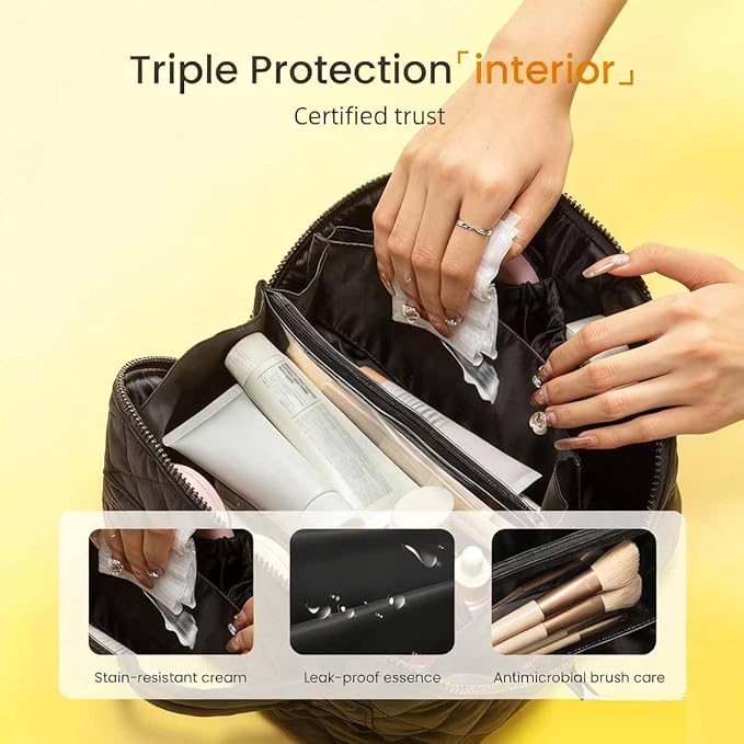 Petition Travel Makeup Bag For Women - Quilted Makeup Bag,180° Open Lay-Flat Cosmetic Case,5 Colors Large Capacity Waterproof Make Up Bag Set,With Compartments (Black)