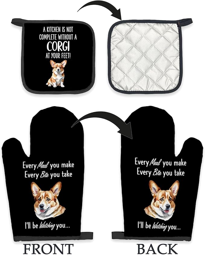 Corgi Gifts Dog Oven Mitts and Pot Holders Sets, Corgi Gifts for Corgi Lovers Kitchen Accessories Sets, Complete Without a Corgi Dog Black Heat Resistant Oven Glove Potholder for Kitchen Baking