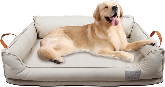 Removable Orthopedic Dog Beds for Large Dogs, Leather Memory Foam Dog Sofa Bed, Waterproof Durable Dogs Bed Couch with Non Skid Bottom for All Pet Sizes (Beige, Medium)