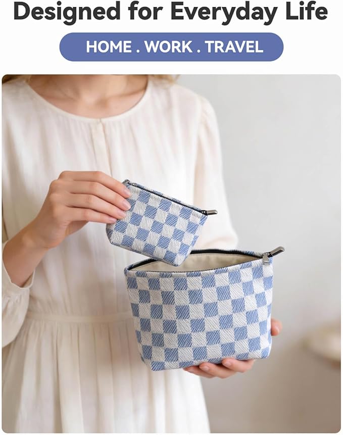 fahombag 2 Pcs Checkered Makeup Bag Set Canvas Cosmetic Pouch for Women Large & Small Cute Preppy Aesthetic Travel Toiletry Pouch Organizer for Purse Skincare Brushes, Blue And White