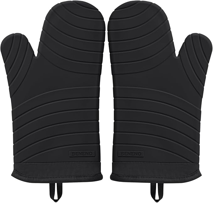 Beneno Heat Resistant Silicone Oven Mitts BPA-Free, Non-Slip Textured Grip & Quilted Cotton Lining, Waterproof Kitchen Mitt 2-Pack Set, 7"x13", Black