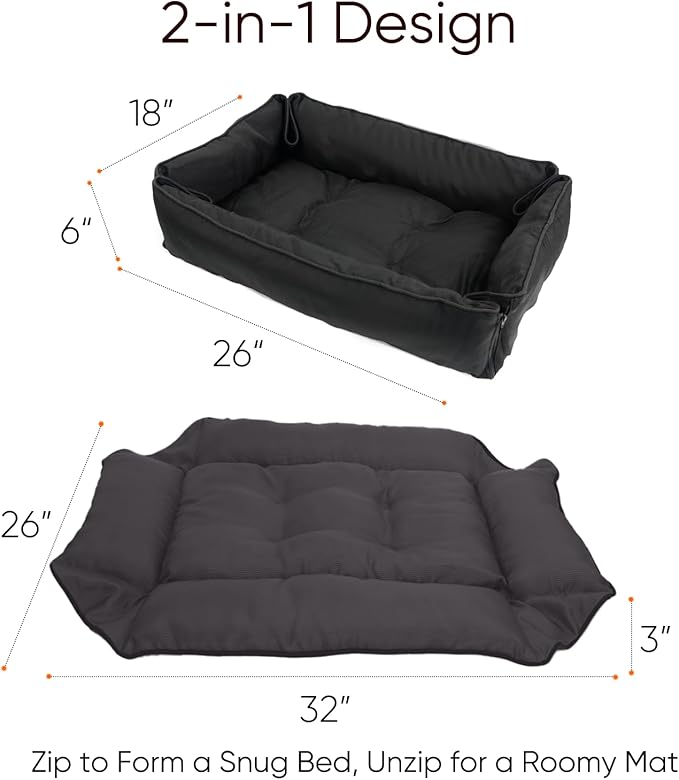 FuzzyTrek Waterproof Oxford Dog Bed, Foldable Crate Mat for Small Medium Dogs, Orthopedic Pet Cushion with PP Cotton, Chew Resistant, Anti-Slip Base, Indoor Outdoor Washable Portable Bed, Black
