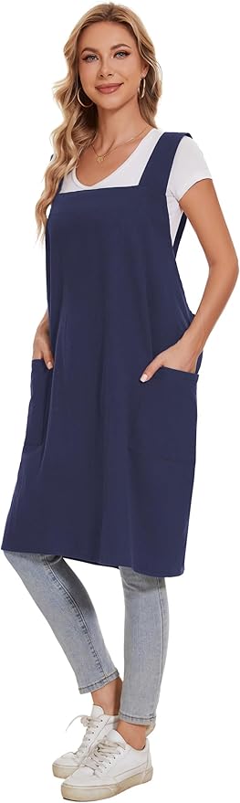 Linen Cotton Aprons for Women Smock Cross-Back Apron with Pockets