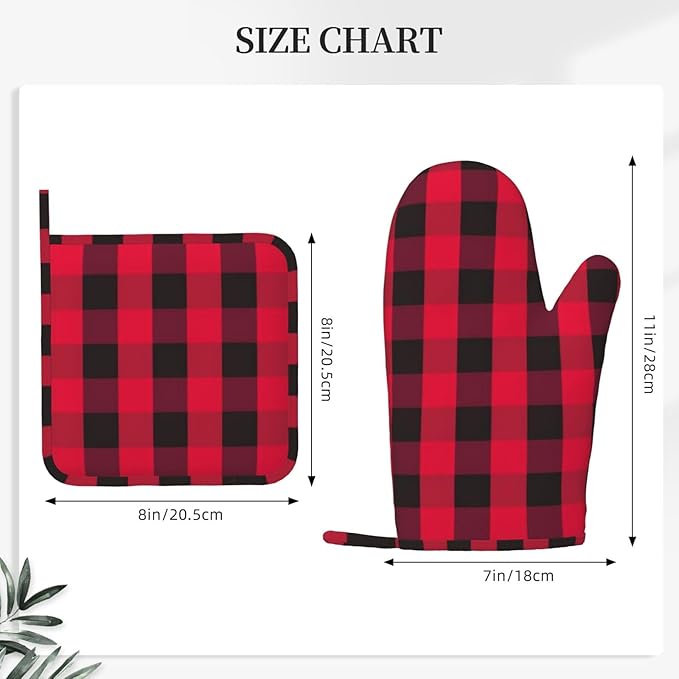 Buffalo Check Plaid Red and Black Oven Mitts and Pot Holders Set, 4pcs Farmhouse Checkered Plaids Silicone Oven Glove for Kitchen Heat Resistant Oven Mitts and Potholders Non-Slip for BBQ