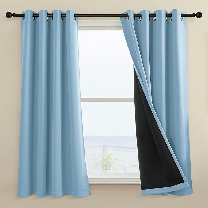 Rutterllow 100% Blackout Curtains, Full Shade Long Complete Drapes for Living Room, Thermal Insulated Bedroom Window Treatment Drapes (2 Panels, Haze Blue, 52 x 54 inch)