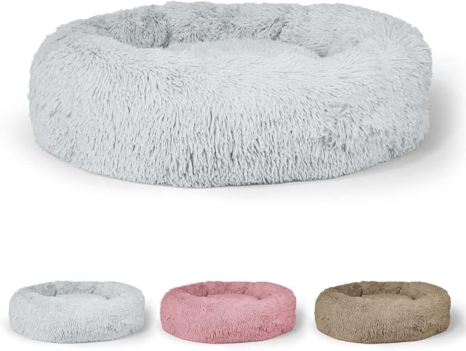 BOWHAUS 24/30 Inch Calming Donut Pet Bed for Small/Medium Cats and Dogs, Anti-Slip Bottom, Washable, Anti-Anxiety Fluffy Round Cat Bed, Indoor Shaggy Cuddler Cotton Candy Brown, Light Gray, Pink Bed