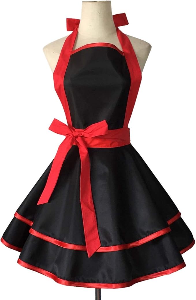 Hyzrz Lovely Handmade Cotton Retro Black Aprons for Women Girls Cake Kitchen Cook Apron for Mother's Gift (Red)