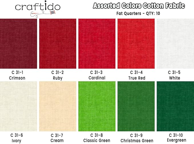 Craftido - 11 Options Solids with Tweed Tonals - Assorted Color Cotton Quilting Fabric Bundles 10pcs Fat Quarters 18"x21" - Medium Weight 5.2oz - for Quilting, Sewing and Crafts - Happy Holiday