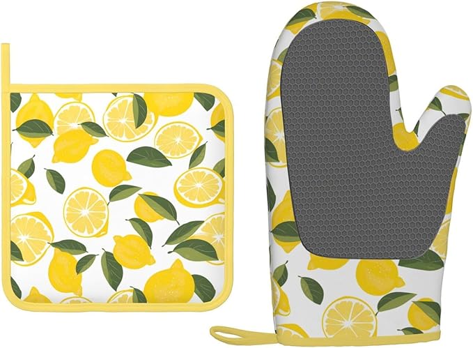 Oven Mitts and Potholders Watercolor Lemon Leaf Silicone Glove Heat Resistant, Kitchen Gloves for Cooking, 2-Piece Set