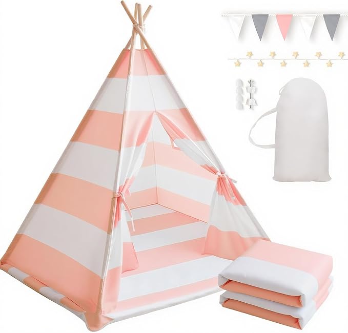 xiaowantong Teepee Tent for Kids with Padded Mat, Lights, and Carry Bag, Washable Playhouse for Indoor Use, Ideal Play Tent for Girls and Boys, Stripe Pink