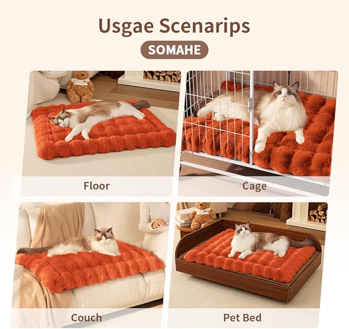 SOMAHE Self-Warming Cat Bed, Plush Faux Fur Pet Bed Mat with Anti-Slip Bottom, Ultra Soft Heated Pad for Cats & Kittens, Cozy Fluffy Bed for Window & Sills Couches, Machine Washable, 23x15 Inch Orange
