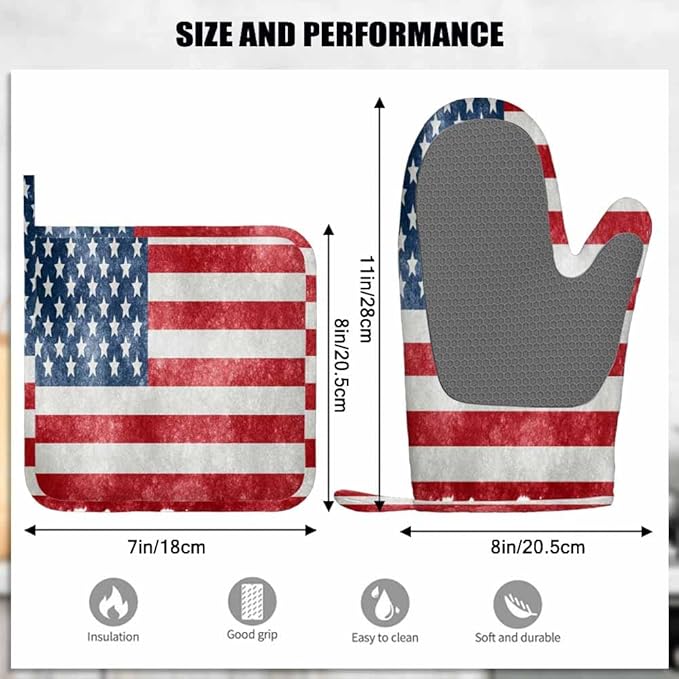 Mxocom Grungy Us Flag Oven Mitts and Pot Holders Sets Vintage American Flag Red Stripes Ancient Country Flag Silicone Heat Resistant Kitchen Oven Gloves Pot Holder for Cooking