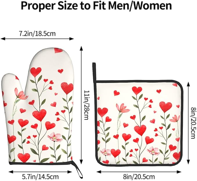 Red Love Hearts Oven Mitts and Potholders Set of 2 Romantic Flowers Washable Heat Resistant Non-Slip Oven Gloves Pot Holder for Mother Day Kitchen Cooking Baking Decoration