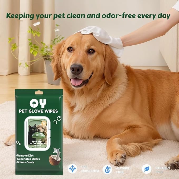 QingYa 10-Pack Pet Cleaning Glove Wipes with Lid | Extra Thick Dog & Cat Grooming Gloves | Rinse-Free Bath Wipes with Coconut, Aloe, Corn & Jojoba for Odor Control & Daily Care