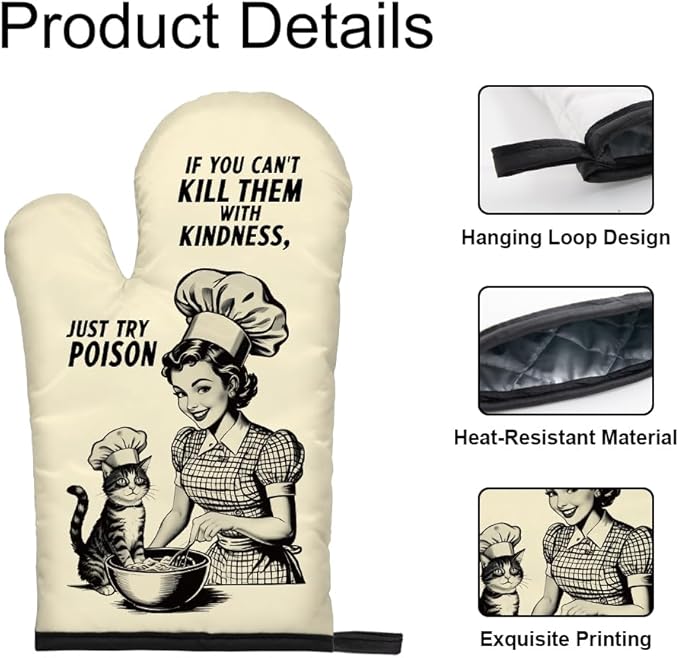 DYJYBMY If You Can't Kill Them with Kindness Just Try Poison Humorous Vintage Lady Oven Mitts and Pot Holder Set, Funny Kitchen Gadgets for Women Cat Lover, Housewarming Gifts for Hostess Bake Lover