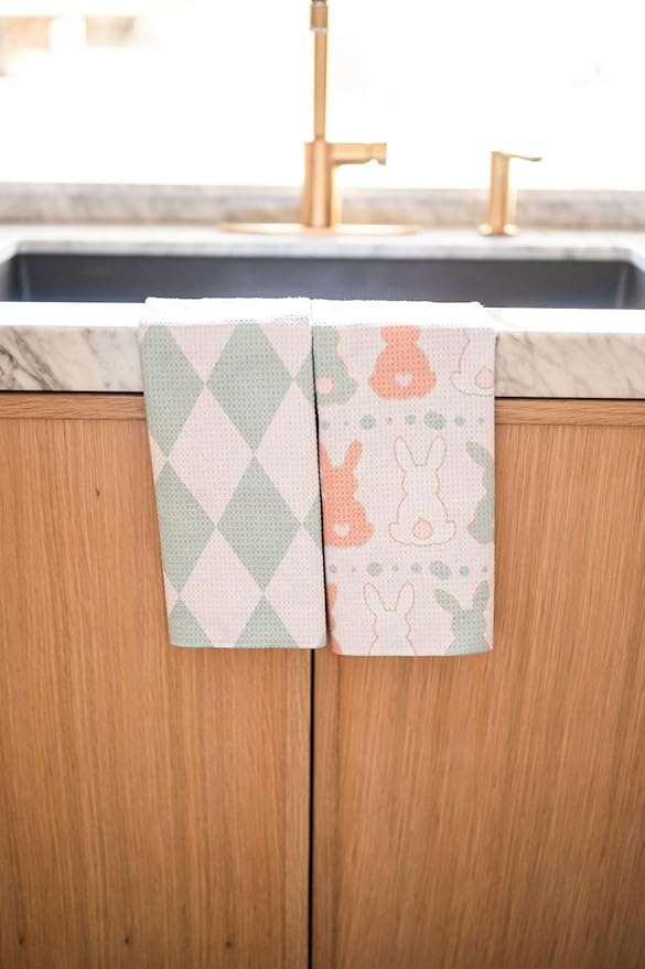 Desert Aqua || 2 Pack Double Sided || Not Your Ordinary Dish Towels || Waffle Weave Microfiber || Tea Towels || Highly Absorbent || Hanging Loop || Dish Cloths || Designer Prints || Easter Bunny