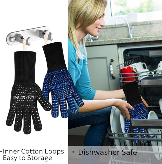 Premium BBQ Gloves, 1472°F Extreme Heat Resistant Oven Gloves, Grilling Gloves with Durable Fireproof Kitchen Oven Mitts Designed for Cooking, Grill, Frying, Baking, Barbecue (Blue+Black)