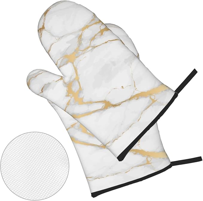 Oven Mitts and Pot Holders White Gold Marble Art Abstract Sets of 4 Kitchen Potholder Gloves Heat Resistant Non-Slip for Chef Baking Cooking Grilling BBQ