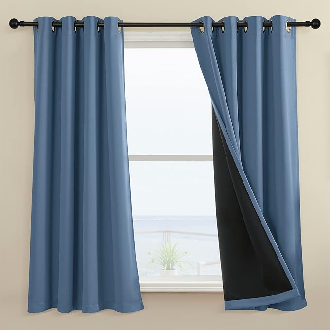 Rutterllow 100% Blackout Curtains 52x45 inch 2 Panels, Short Blackout Curtains for Living Room, Solid Thermal Insulated Noise Reduction Window Treatment Drapes for Bedroom/Kids Room(Stone Blue)