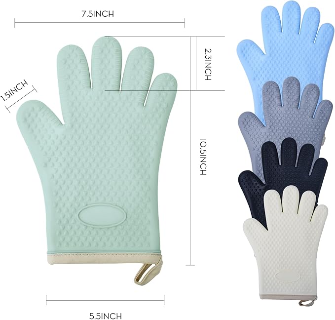 Silicone Oven Mitts Ven Gloves with Fingers Pot Holders and Oven Mitts Heat Resistant Kitchen Baking Cooking Barbecue Accessories 2 Pack Green