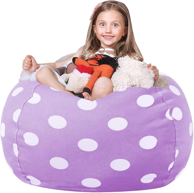 WEKAPO Stuffed Animal Storage Bean Bag Chair Cover for Kids | Stuffable Zipper Beanbag for Organizing Children Plush Toys Large Premium Cotton Canvas (Purple Dot, X-Large)