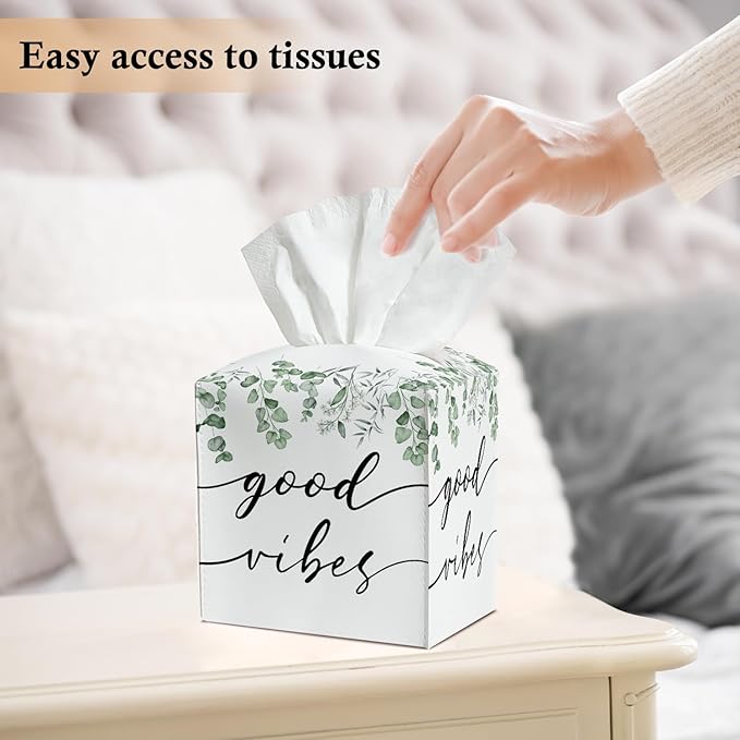 Greenery Tissue Box Covers Square, Green Leaves Leather Tissue Box Holders Decorative for Car Nightstand Home Office Bathroom Organizer, Square Facial Paper Organizer Home Decor -022