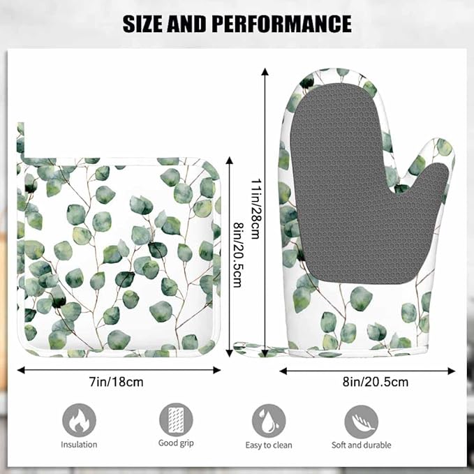 Mxocom Green Leaves Silicone Oven Mitts and Pot Holders Sets Eucalyptus Round Leaf Foliage Branches Twig Natural Plant Repeat BBQ Gloves for Kitchen,Cooking,Baking,Grilling