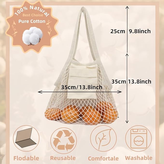 HEYIBURAN Extra Long Handle Farmers Market Bag with Utility Pocket, Cotton Mesh Tote, Reusable Mesh Produce Bags, Machine Washable for Produce and Grocery Hauls(4 Pcs)