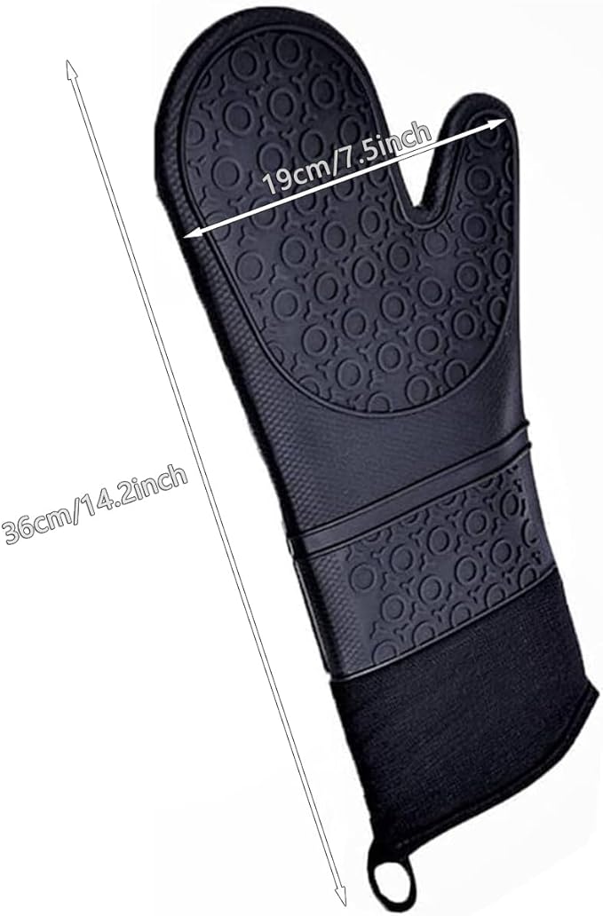 YUANQIAN 2 Pack Long Silicone Oven Mitts,Heat Resistant Oven Gloves with Cotton Lining,for BBQ,Baking,Cooking and Grilling (14.2 Inch)
