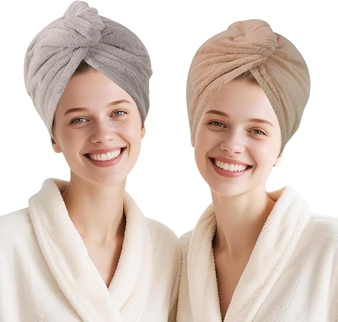 AGKXHDEC 2 Packs Single Layer Microfiber Hair Turbans - Drying Wrap for Women (Gray,Brown)