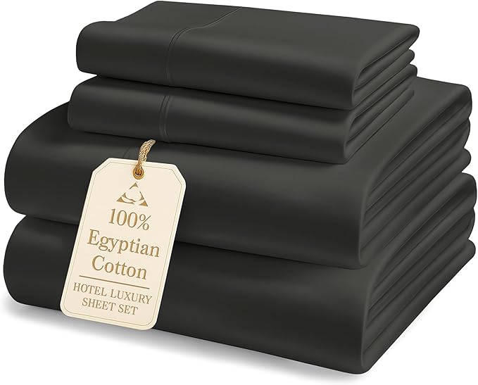 LANE LINEN 100% Egyptian Cotton Sheets Set Full Size Bed - 1000 Thread Count, Fully Elasticized Reinforced Seams Extra Deep Pocket Full Sheets Set, No Pill Fade Resistant Cooling - Black