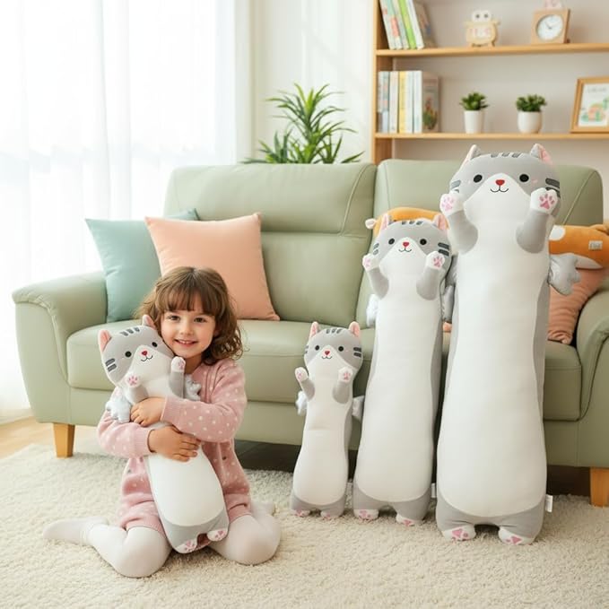Long Cat Plush Pillow, Cute Cat Stuffed Animal Body Pillow with Wings, Soft Kawaii Kitty Hugging Pillow, Christmas Valentine's Birthday Gift for Kids Girls Boys (Gray, 60cm/23.62in)