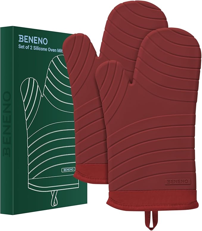Beneno Heat Resistant Silicone Oven Mitts BPA-Free, Non-Slip Textured Grip & Quilted Cotton Lining, Waterproof Kitchen Mitt 2-Pack Set, 7"x13", Red
