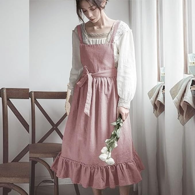 ODIZLI Frill Apron for Women Cotton Cross Back Vintage Ruffle Apron for Garden Cooking Aprons