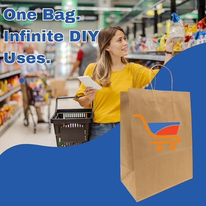 ASSUREPAK DIY Grocery Paper Bags - 50 Bags -12"x9"x16" - 74LB (110 GSM strong) Twisted Handle - Kraft/Natural - Recyclable Food & Supermarket Bags for Decorating & Branding