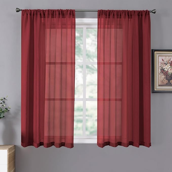 Tollpiz Short Sheer Curtains Linen Textured Living Room Curtain Sheers Light Filtering Rod Pocket Voile Curtains for Bedroom, 42 x 45 inches Long, Burgundy Red, Set of 2 Panels