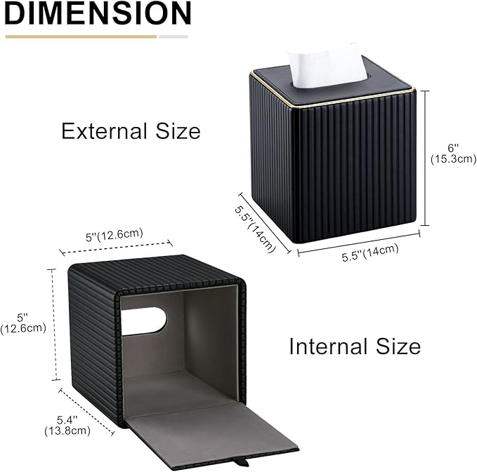 KINGFOM Tissue Box Cover, PU Leather Square Tissue Box Holder for Kleenexs with Magnetic Bottom Cover for Facial Tissues/Napkins, Office & Living Room Decor Box Black