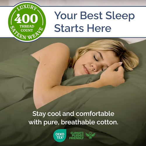 400 Thread Count Cotton Sheet Set - Queen Size 100% Cotton Sheets - Easily Fits 8" to 16" Mattress - Silky-Soft, Wrinkle Free, Breathable, Comfy - Deep Pockets & Hotel Quality Bedding Set - Sage Green