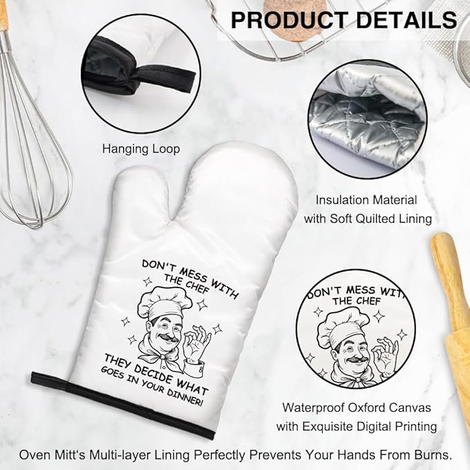 Don't Mess with The Chef They Decide What Goes in Your Dinner Funny Oven Mitts and Pot Holders Set, Home Cooking Baking Tools, Housewarming Gifts for Male Host, Kitchen Gifts for Dad Uncle Men