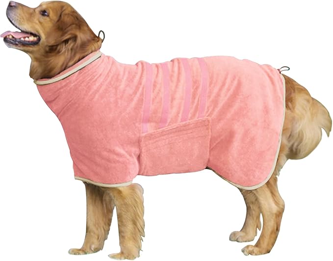 HhiMyOct Dog Robe - Fast Drying Towel - Microfiber Super Absorbent Pet Bathrobe, Adjustable Collar & Belly Strap (Pink, Large)