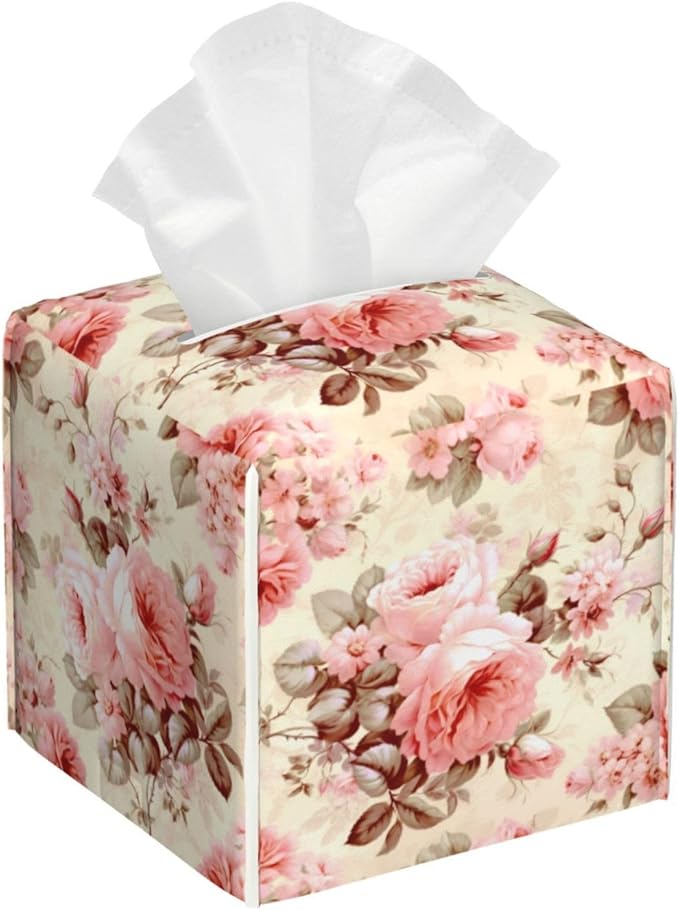 PVC Tissue Box Cover Holder,Flower Square Decorative Organizer,5.2"X5.2"X5.2" Tissue Case for Bathroom,Tabletop,Car,Office