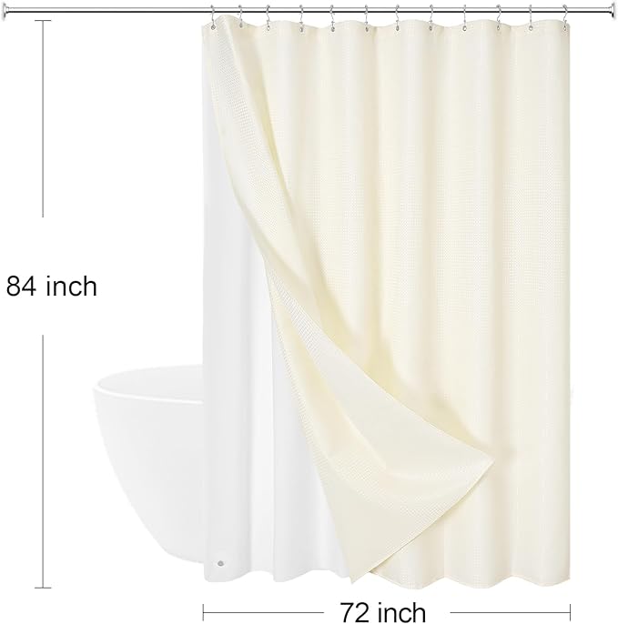 Craidlela 3 in 1 Extra Long Cream Shower Curtain Set-72 W x 84 H, Ivory Waffle and PEVA Liner Set with 12 Stainless Steel Hooks, Waterproof Fabric for Bathroom