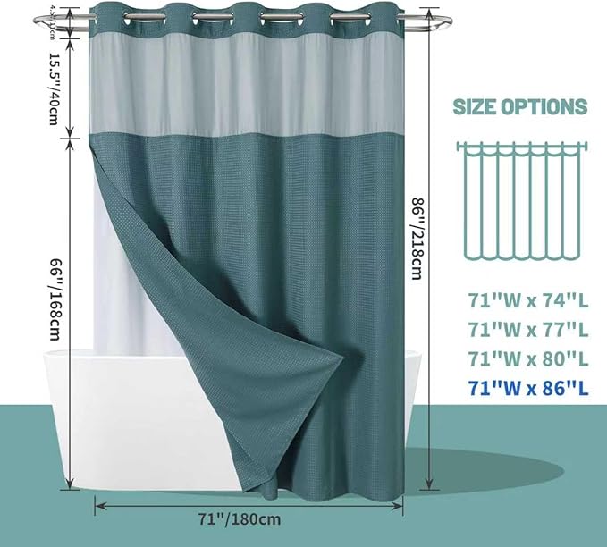 eachope SeawedGreen Extra Long No Hook Waffle Weave Shower Curtain with snap-in Liner Replacement, 230GSM Waterproof Fabric Hotel Shower Curtain Set for Bathroom, Through Mesh Top Window,71Wx86H