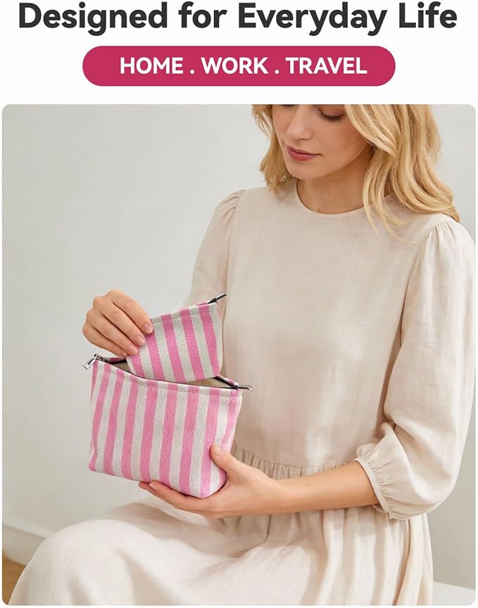 2 Pcs Makeup Bag Set, Women Gifts, Travel Cosmetic Bags, Canvas Make up Bag for Purse, Pink Striped Makeup Pouch with Zipper Lining, Cosmetic Storage Car Organizer, Portable Large & Small Toiletry