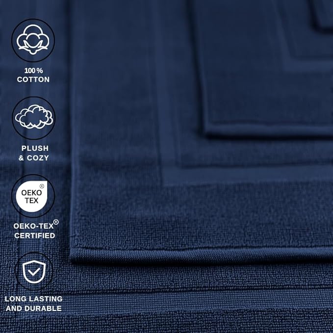 ELITE Emporium Home Collection 2-Piece Cotton Bathroom Mat Set, 21" x 34" - 100% Cotton, Absorbent, Quick-Dry, Bath Towel Mats for Floor, Navy Blue [Not a Bathroom Rug]