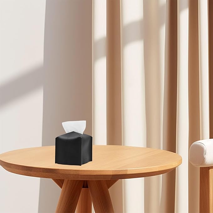 Hapforever 1PC Square Tissue Box Cover, PU Leather Square Tissue Box Holder with Bottom Belt Modern Tissue Box Organizer for Bathroom/Car/Hotel/Office (5.25”x5.25”x5”, Black)