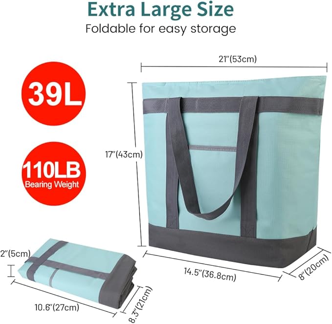 mosago Reusable Grocery Tote Bags, Insulated Cooler Shopping Bag for Women/Men, Pizza/Food Delivery Bags to Keep Food Hot/Cold for Commercial Food Transport, Cooler Bag for Travel/Beach/Picnic, Green