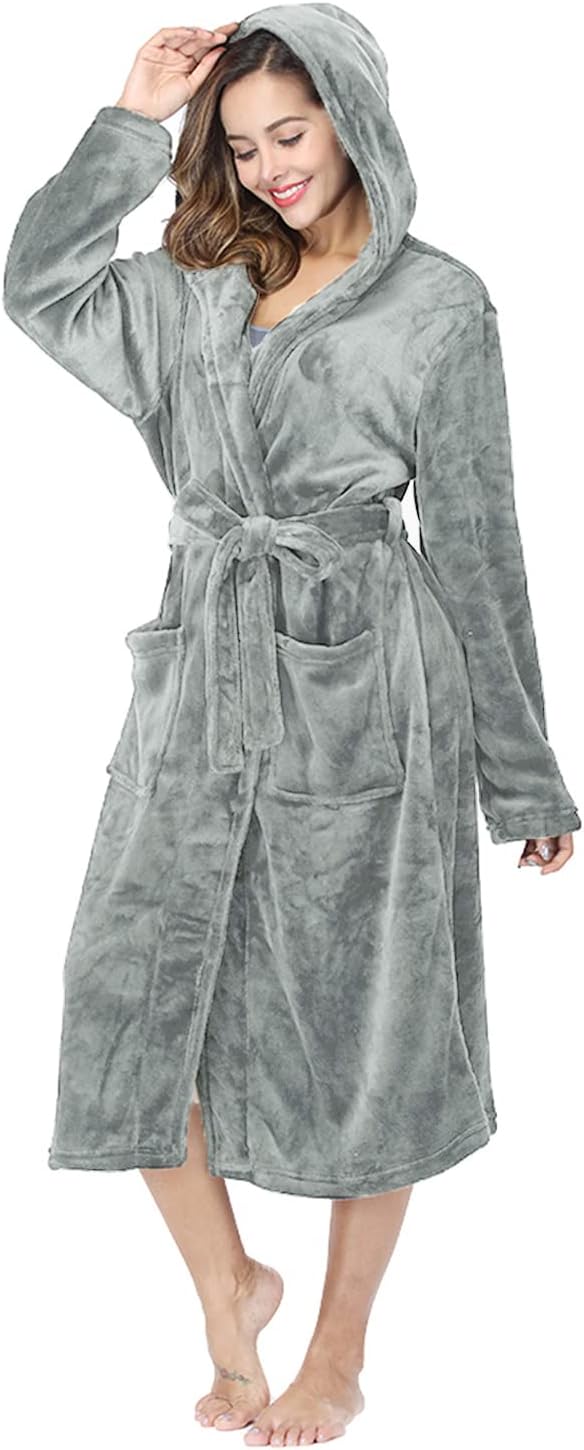 RONGTAI Womens Robes Plush Fleece Hooded Bathrobe Thick Nightgown with Pockets Fluffy Sleepwear