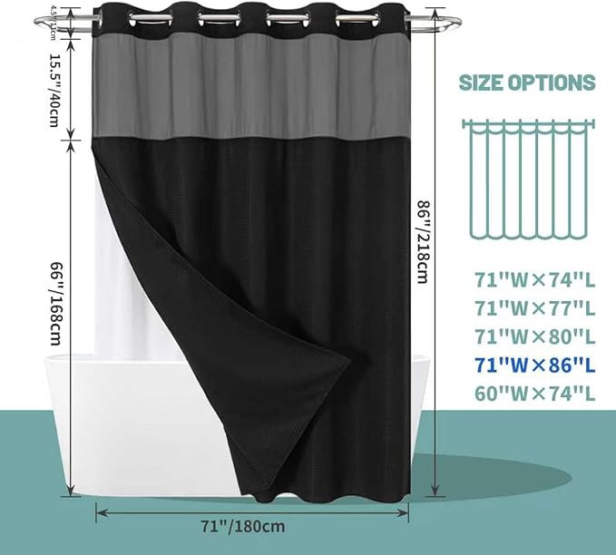 eachope Black Extra Long No Hook Waffle Weave Shower Curtain with snap-in Liner Replacement, 230GSM Waterproof Fabric Hotel Shower Curtain Set for Bathroom, Through Mesh Top Window,71Wx86H